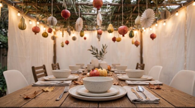 Festively decorated sukkah with a set dining table, hanging fruit and warm string lights ready for a holiday meal