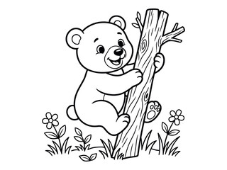 Cute bear cub climbing a tree coloring page illustration silhouette © graphixarrow