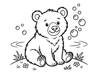 Cute bear cub with bubbles coloring page illustration black and white silhouette © graphixarrow
