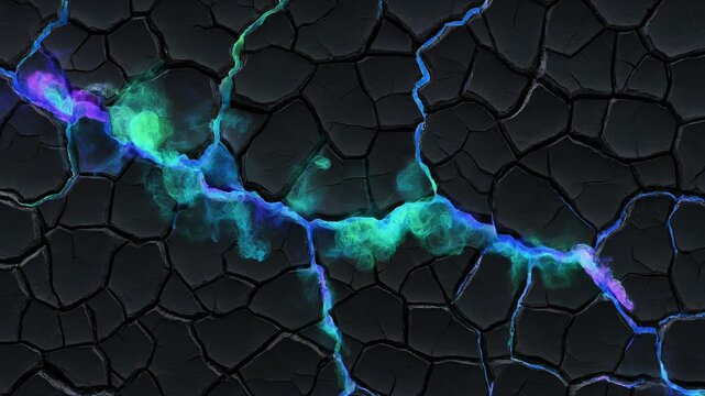 abstract motion background featuring a network of deep cracks in dark dry earth illuminated by vibrant ethereal neon blue and green gas energy