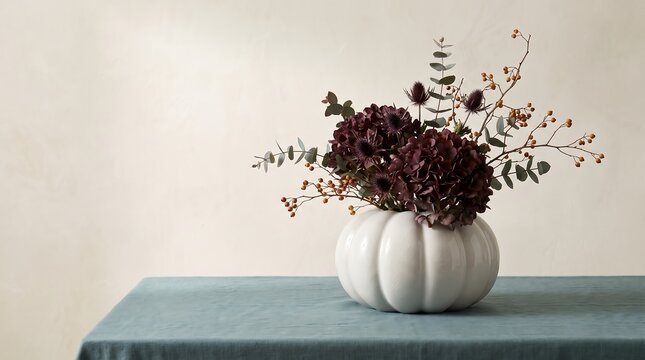 A beautiful arrangement of dried flowers and dark hydrangea blossoms in a white ceramic pumpkin vase on a table