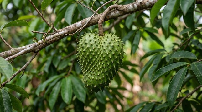 A single soursop fruit hangs from a tree branch, showcasing its spiky green skin and tropical origin in a natural environment.