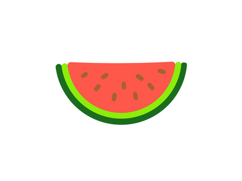 Single watermelon slice flat vector illustration, cute red melon wedge with seeds and green rind on a white background, summer graphic design element, vector clipart