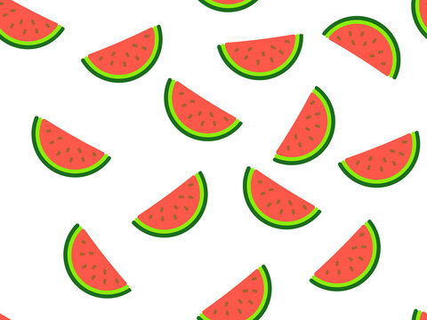 Watermelon slices flat vector pattern illustration, seamless tropical fruit background with cute red melon wedges and seeds on a white background, summer graphic design element, vector clipart
