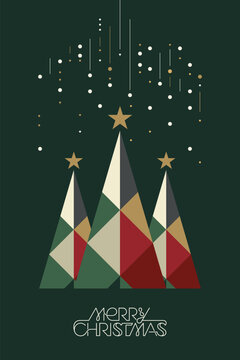 Abstract geometric Christmas tree and snowfall modern retro style with Merry Christmas calligraphy on green background vertical template