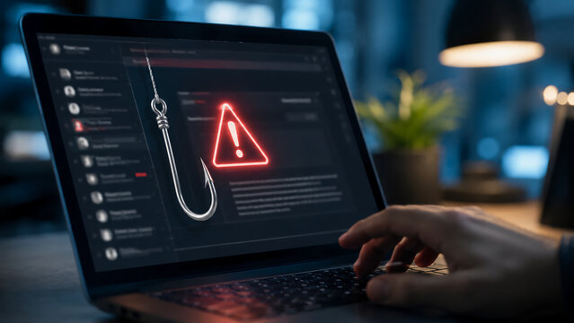 A hand uses a laptop displaying a phishing alert symbol with a fishing hook on the screen, highlighting cybersecurity threats.