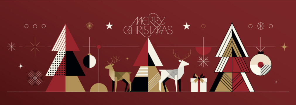 Abstract geometric Merry Christmas banner red background modern retro style