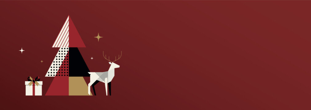 Abstract geometric Christmas tree, gift and reindeer on red background modern retro style horizontal template have blank space.