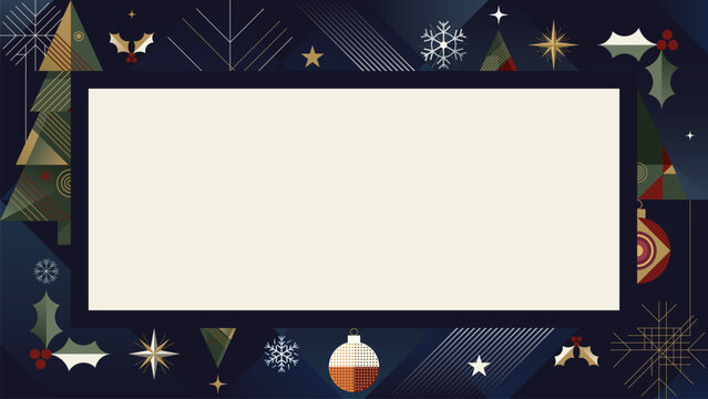 Christmas blank horizontal frame template with abstract element geometric forms modern retro style on navy blue background