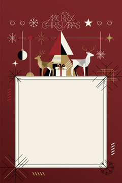 Abstract geometric Merry Christmas elements with blank square frame on red background modern retro style vertical template