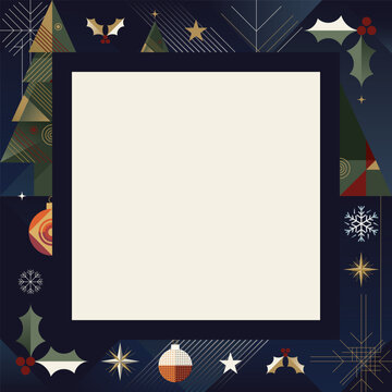 Christmas blank square frame template with abstract element geometric forms modern retro style on navy blue background
