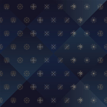 Minimalist snowflakes seamless pattern on geometric navy blue gradient background square template