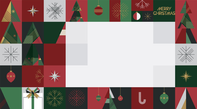 Abstract geometric Merry Christmas elements with blank horizontal frame modern retro style