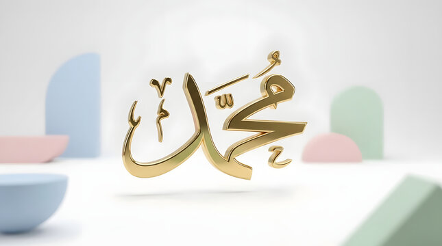 Golden Arabic Calligraphy "Muhammad" 3D Rendering on Minimalist Geometric Background