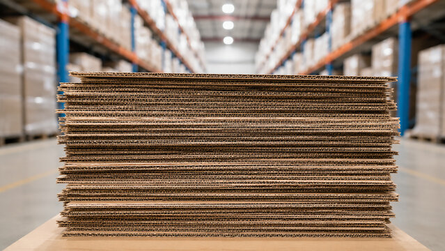 A stack of flattened cardboard boxes is neatly arranged in a warehouse aisle, surrounded by tall shelves filled with packaged goods.