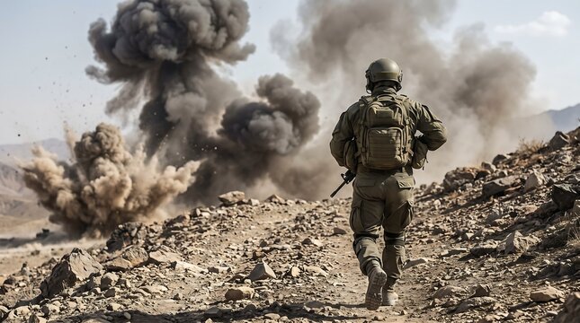 Soldier in full gear walking towards a massive explosion in a rocky desert warzone