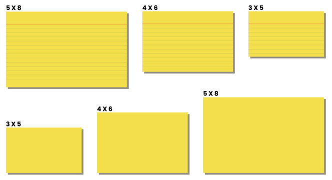 yellow cards in three labeled sizes combine lined fronts blank backs and shadows. Suitable for revision flashcards classroom notes filing labels printable inserts organization projects