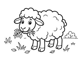 Obraz premium Cute cartoon lamb chewing on grass with foliage on a white background illustration