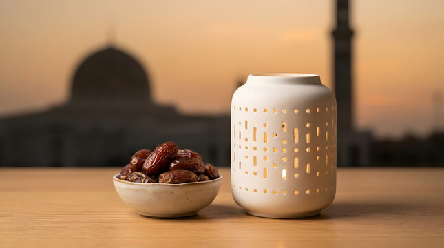 Ramadan Iftar: Dates in Bowl and Lantern with Mosque Silhouette at Sunset