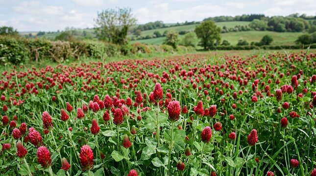 Field of Blooming Red Clover Flowers with Green Leaves in Fresh Natural Environment red clover meadow clover flower blossom bloom perennial herbaceous plant legume trifolium nature wildflower purple