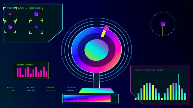 A digital streamer dashboard with animated radar elements displays rotating graphical data streams and fluctuating signal bar charts in a vibrant gradient color palette for gaming