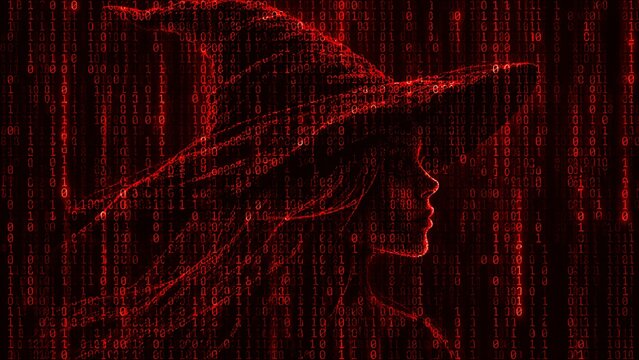 Cyber witch silhouette in red binary code matrix background for Halloween theme and AI technology concept