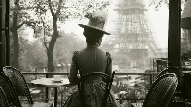 Paris, France, Europe. A black and white photograph depicts a woman seated at a table in an outdoor cafe, overlooking the Eiffel Tower. She wears a long.