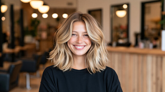 Young woman showing off her freshly dyed and highlighted hairstyle, glossy hair, dimensional color, professional salon interior, hair coloring, highlights, beauty transformation,