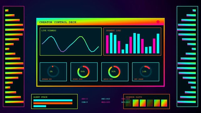 A digital streamer dashboard with animated vibrant data interface elements including fluctuating wave patterns and multicolored bar charts displayed on a dark virtual monitoring panel