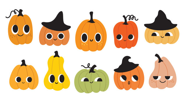 Cute, cartoon pumpkins vector illustration with funny faces and various expressions, featuring some wearing witch hats.