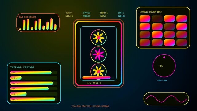 A digital streamer dashboard with animated thermal sensors and vibrant power draw maps showing fluctuating metrics within a sleek interface for advanced gaming control room monitoring
