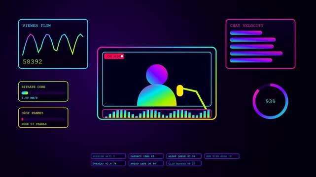 a glowing streamer dashboard interface displays fluctuating data analytics across a dark virtual monitor with vibrant neon lines and various digital statistics for live gaming broadcasting