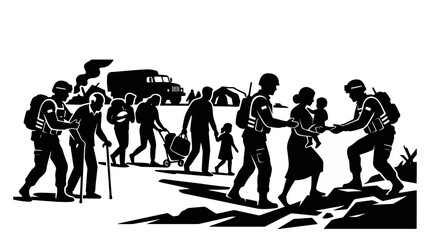 Obraz premium Refugees and soldiers walk together during a humanitarian crisis in a silhouette vector illustration.