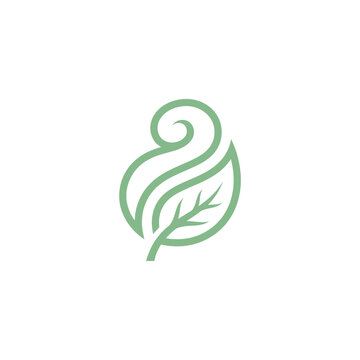 Stylized green leaf with swirl detail for botanical brands.