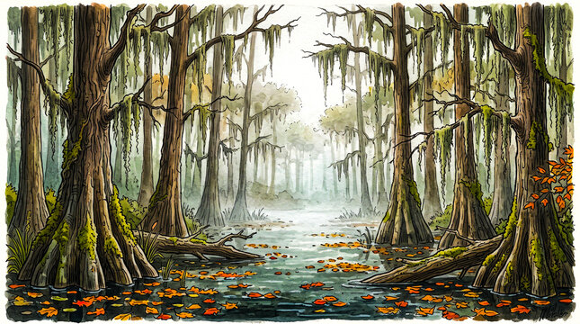 misty southern swamp featuring tall bald cypress trees draped in moss rising from dark still water surrounded by floating fallen leaves and thick fog creating an eerie landscape