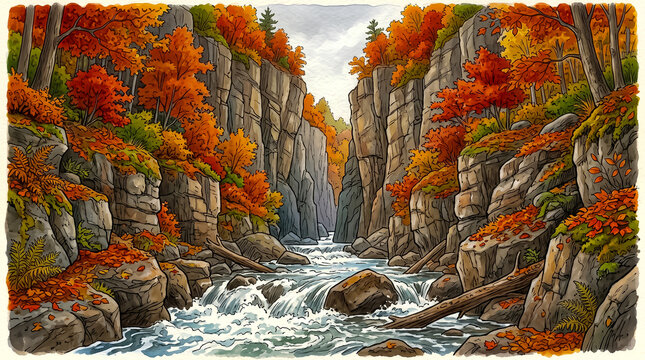 deep rocky gorge with steep cliffs on either side enclosing a rushing river bordered by vibrant autumn vegetation displaying striking hues of orange and red under an overcast sky