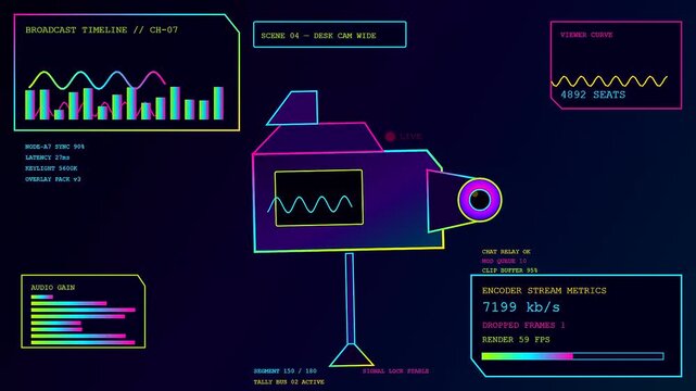 a colorful streamer dashboard interface displays real time broadcast metrics including audience engagement curves and encoder signal stability data across three distinct panels in dark mode