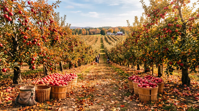 bountiful apple orchard filled with neat rows of trees heavy with ripe red fruit standing above baskets gathered on the ground covered in fallen leaves during a crisp afternoon
