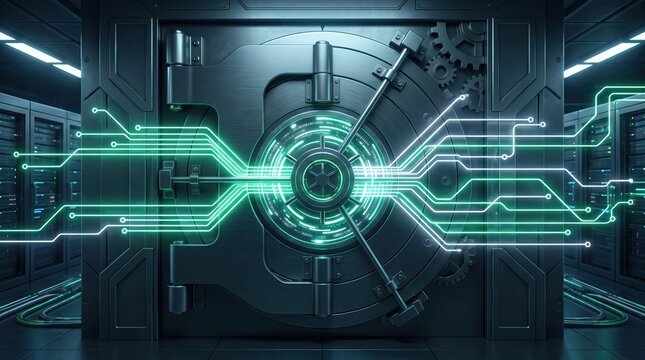 High-tech bank vault door with glowing green digital circuitry in a secure server room, cybersecurity concept