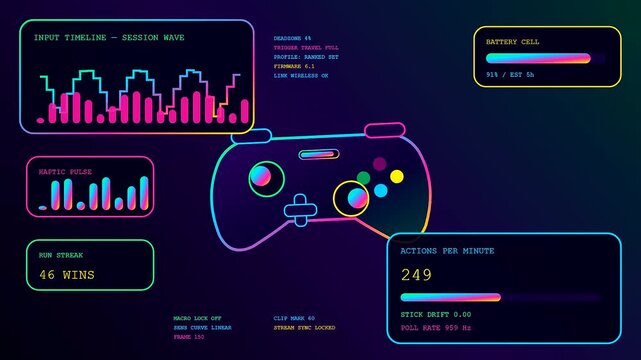 A digital streamer dashboard with neon vibrant statistics and controller interface graphics shown in rapid motion as data points update across the dark virtual screen