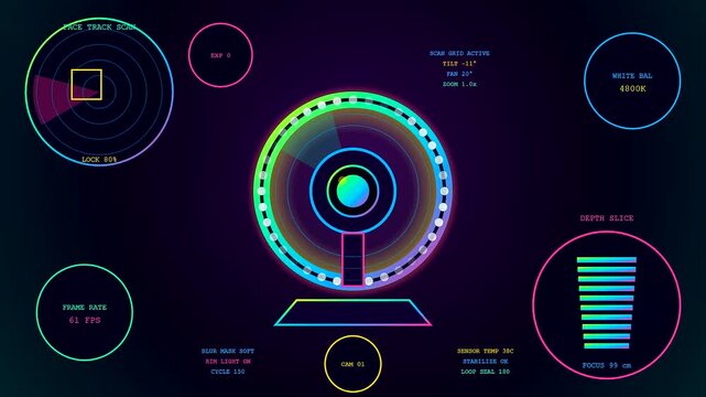 A digital streamer dashboard with neon circular gauges and glowing data metrics displays complex visual information for real time monitoring of various camera interface system inputs
