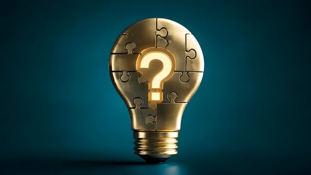 Golden 3D puzzle lightbulb with glowing question mark representing premium business strategy and problem solving