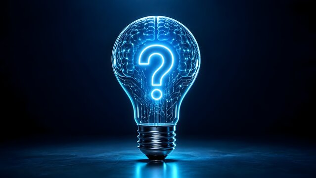 Glowing blue glass lightbulb containing digital brain and question mark symbolizing artificial intelligence and ideas