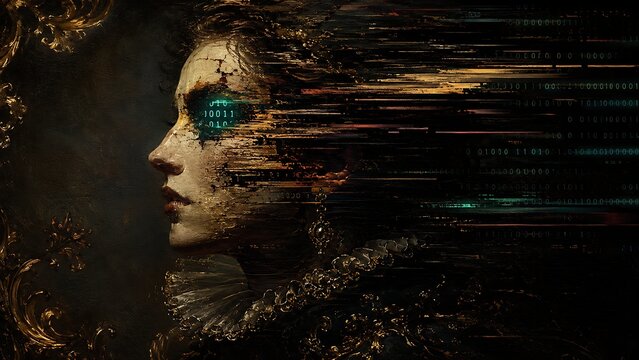 Cyberpunk Baroque Witch Portrait with Glowing Binary Eyes and Glitch Effect for Halloween