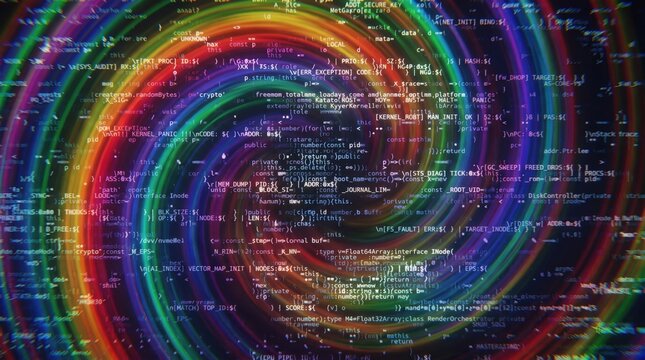 Abstract Rainbow Spiral with Digital Computer Code and Data Stream Background