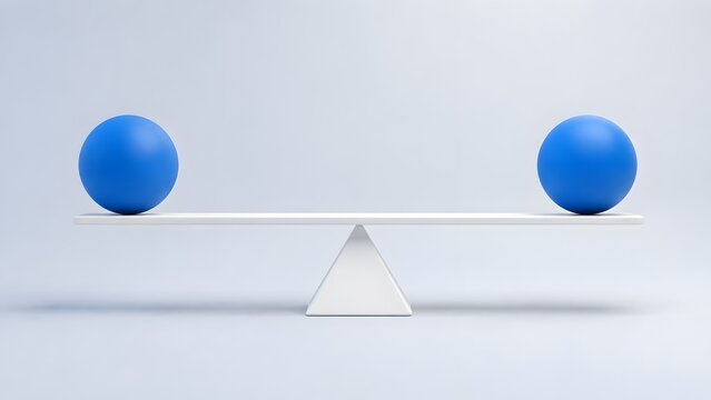 Two blue spheres perfectly balanced on a white seesaw representing equality stability and business harmony
