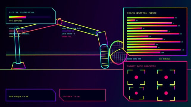 a colorful streamer dashboard shows active robotic arm movement metrics and simulated cross section data during a digital broadcast interface with glowing neon graphical interface panels