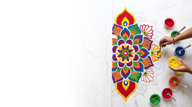 Hands creating colorful Rangoli pattern with colored powder on floor