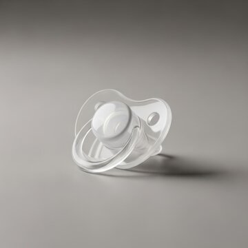 Minimalist studio photograph of a transparent silicone baby pacifier or dummy resting on a smooth neutral gray surface, featuring a clear plastic handle and shield design.