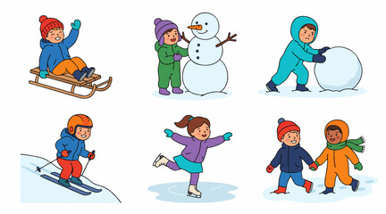 Happy children engaging in various fun winter activities depicted as a colorful vector graphic illustration set